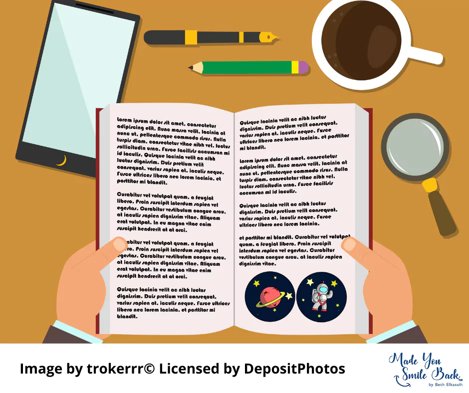 An illustration of hands holding an open life-changing book with coffee and a phone beside