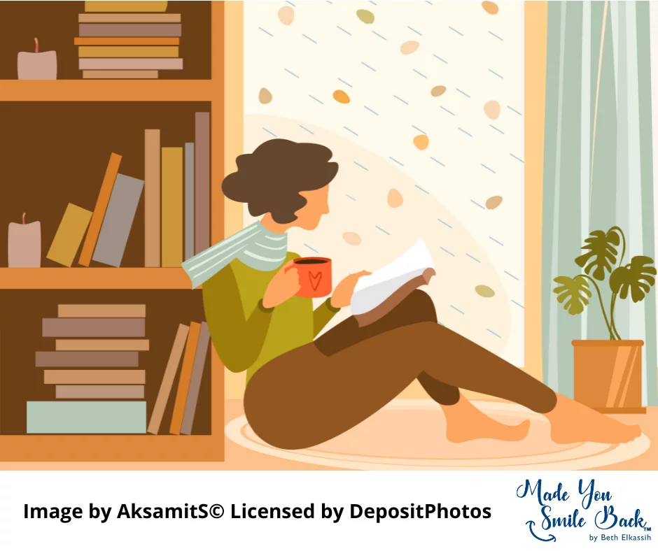 An illustration of a woman sitting down with a cup of coffee and reading a life-changing book in her leisure time