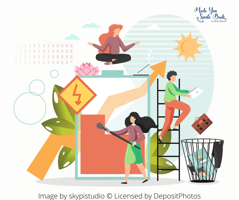 An illustration showing women doing different and multiple chores including meditating for self care