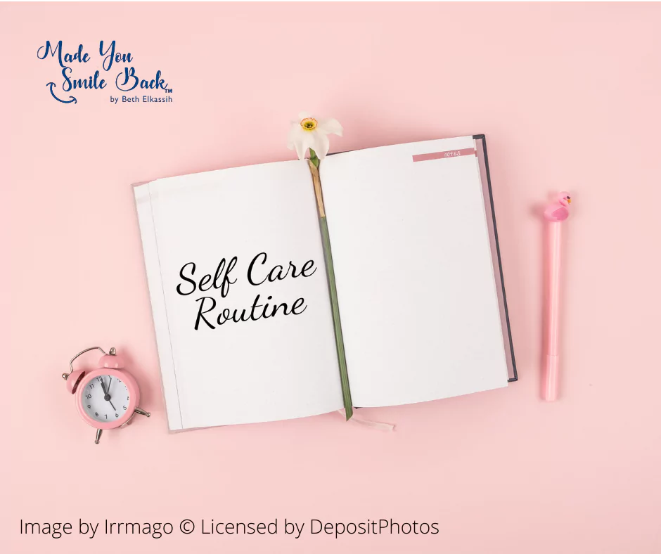 An image with a journal saying self care routine